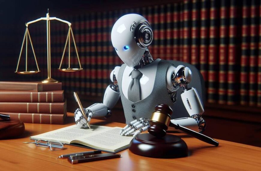 Робот в костюме пишет законопроект в офисе, символы правосудия рядом.