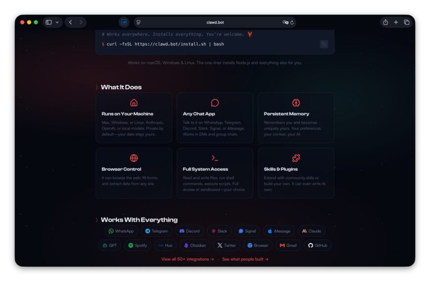 Страница установки Clawd.bot с описанием функций и поддерживаемых платформ.