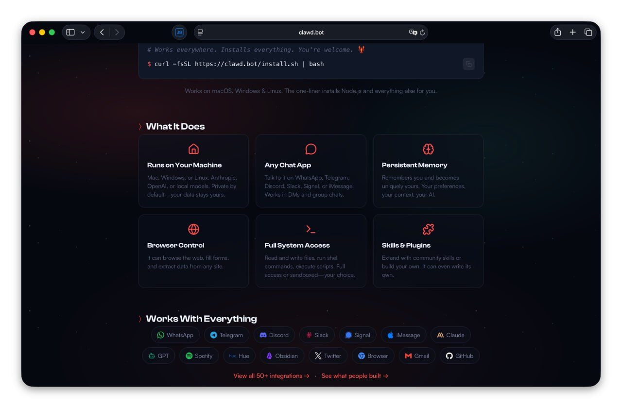 Страница установки Clawd.bot с описанием функций и поддерживаемых платформ.