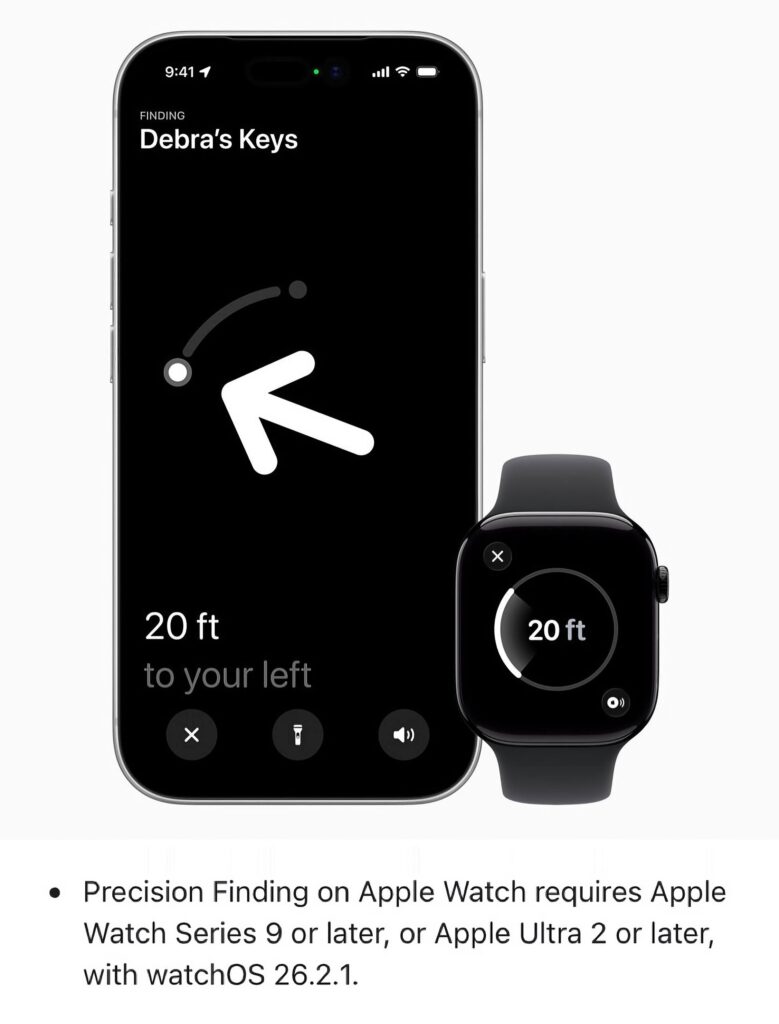 Apple Watch с функцией Precision Finding, поиск ключей на iPhone, расстояние 20 футов.