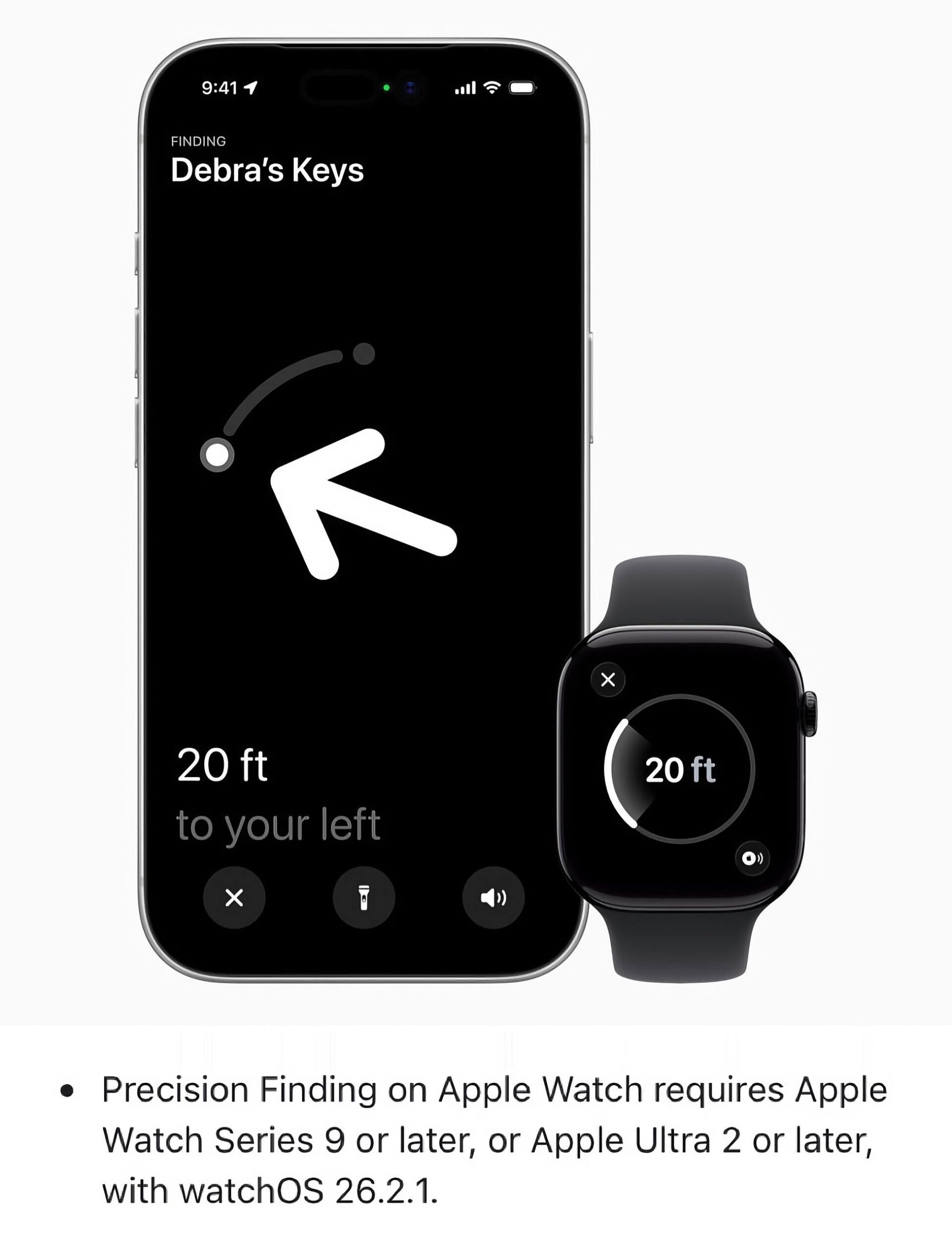 Apple Watch с функцией Precision Finding, поиск ключей на iPhone, расстояние 20 футов.