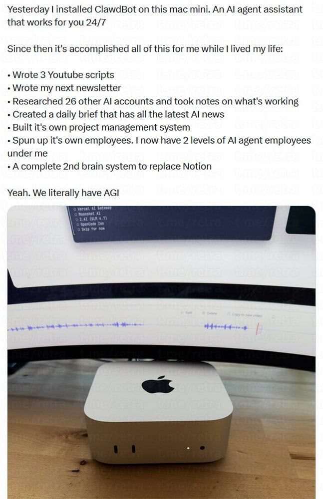 Людей начали заменять на Mac mini с установленным ИИ Clawdbot... 2 Компьютер Mac Mini с установленным AI ассистентом ClawdBot на деревянном столе.