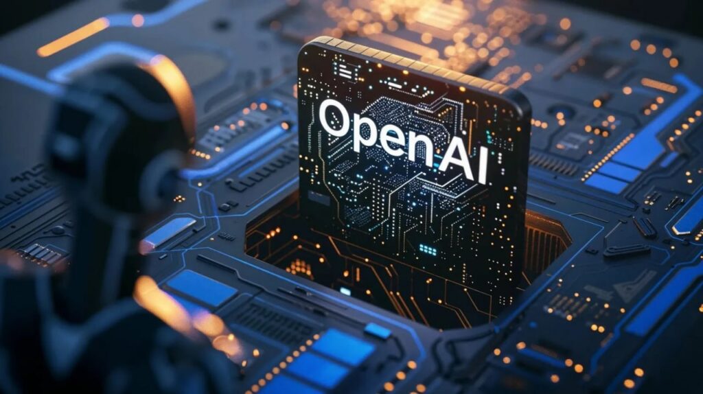 Кибернетика, чип с логотипом OpenAI на фоне процессора и робота.