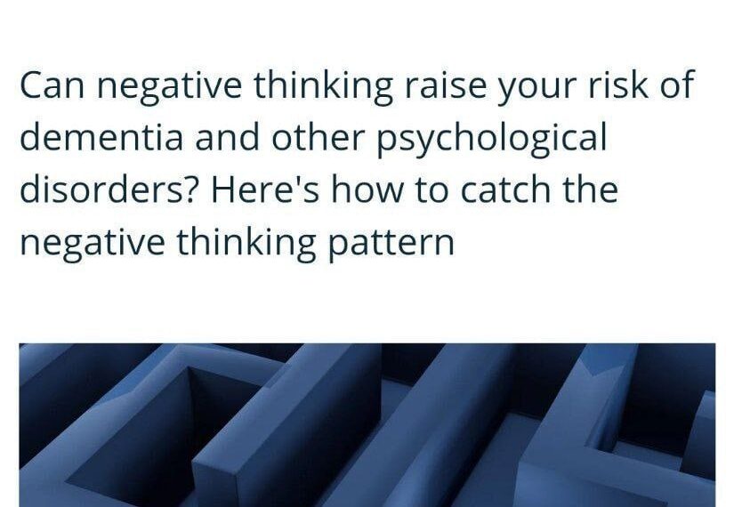 Лабиринт с человеком и текст о влиянии негативного мышления на деменцию.