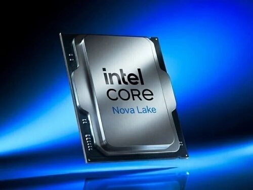 Процессор Intel Core Nova Lake на синем фоне.