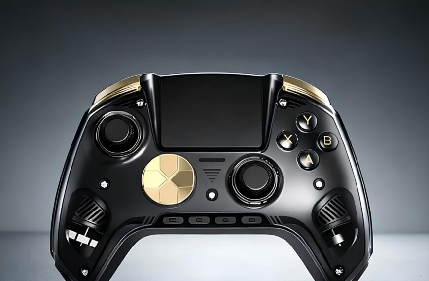 Черный геймпад с золотыми элементами на сером фоне.