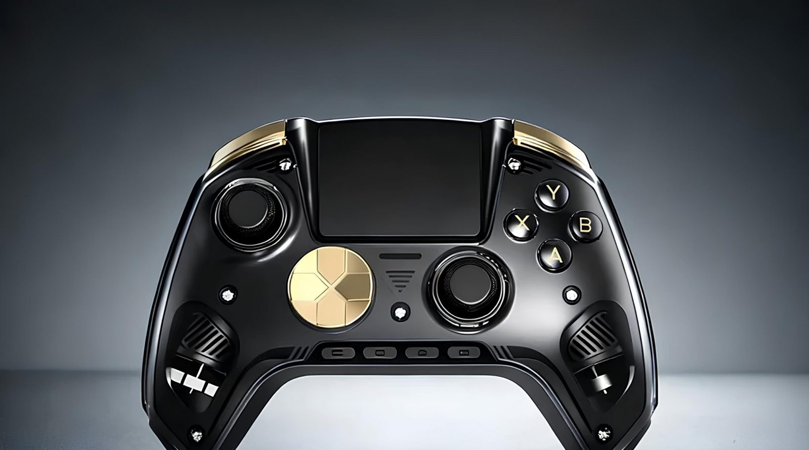 Черный геймпад с золотыми элементами на сером фоне.