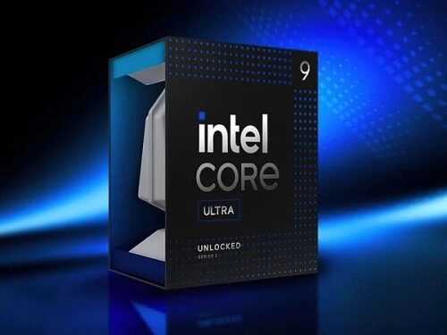 Упаковка процессора Intel Core Ultra 9 на синем фоне, серия Unlocked.