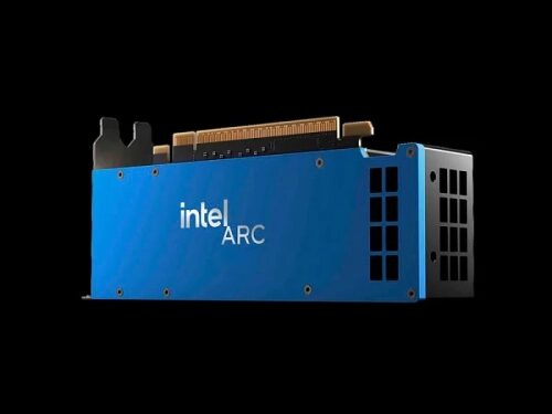 Видеокарта Intel ARC с синим корпусом на черном фоне.