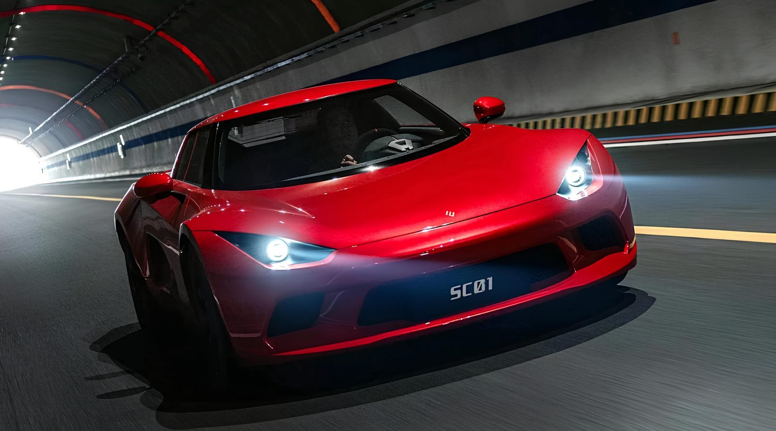 JMEV SC01 — электрический двухместный спорткар 2 Красный спортивный автомобиль едет по освещенному туннелю.