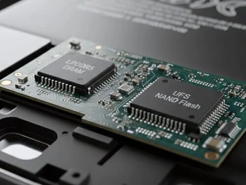 Плата с микросхемами LPDDR5 DRAM и UFS NAND Flash на черном фоне.