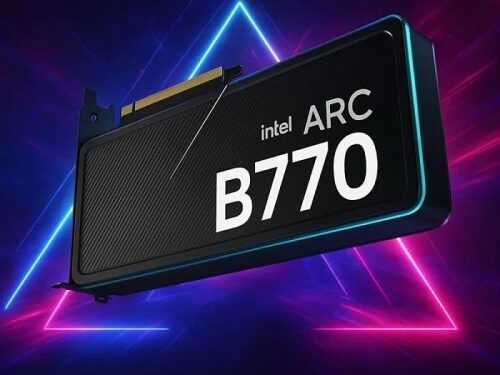 Видеокарта Intel ARC B770 на фоне неоновых треугольников.