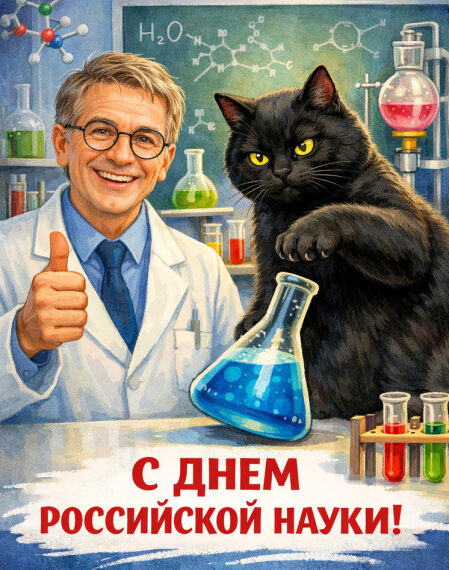 Чёрный кот в лаборатории с колбами и текстом "С Днём Российской науки!".
