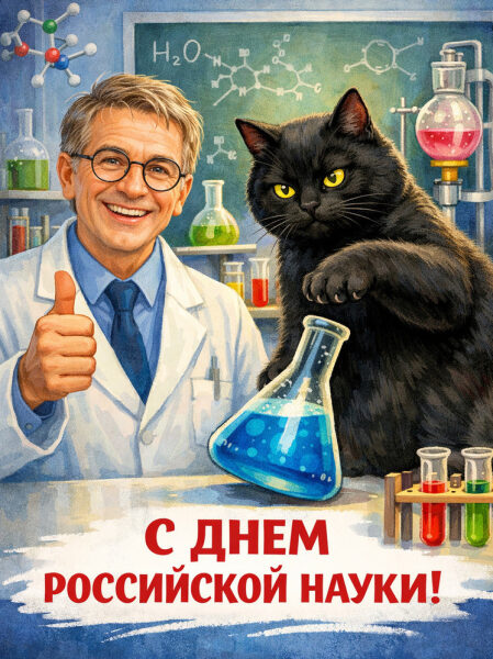 Чёрный кот в лаборатории с колбами и текстом "С Днём Российской науки!".