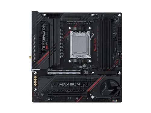 Материнская плата Maxsun Terminator со слотами и разъёмами на белом фоне.