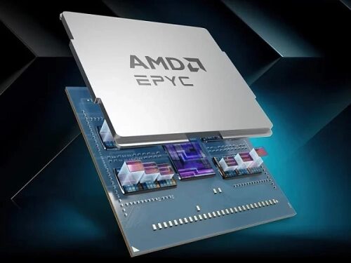 Процессор AMD EPYC на фоне технологического дизайна.