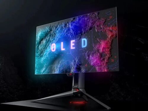 OLED монитор на черном фоне с цветным изображением.