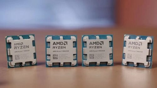 Представитель ASUS упоминает процессор Ryzen 9 9950X3D2 в тестировании Ryzen 7 9850X3D 3 Четыре процессора AMD Ryzen на столе, крупный план.