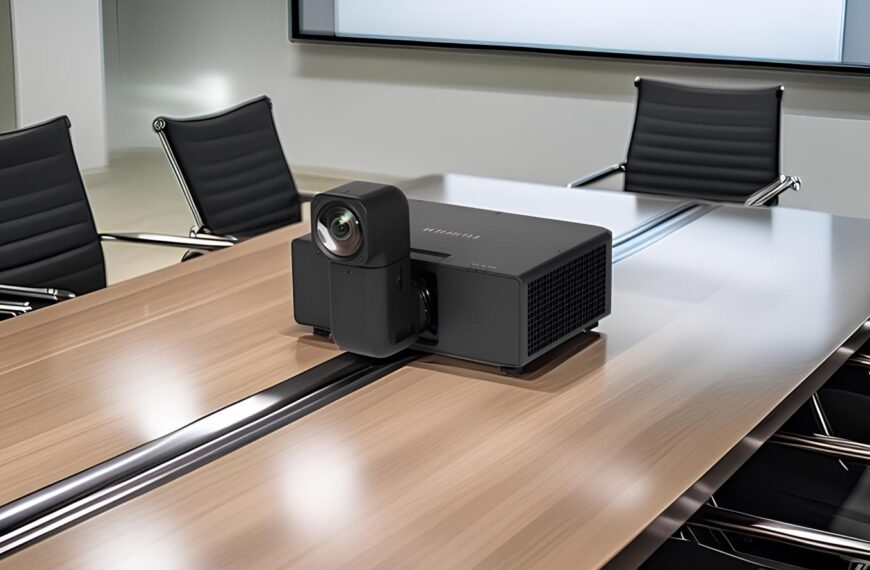 Проектор на столе в конференц-зале с кожаными креслами.
