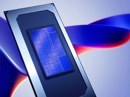 Графический процессор Intel с синим дизайном на фоне цветных волн.