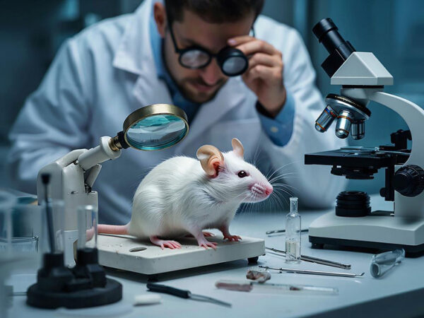 Рак посылает в мозг сигнал против болезни Альцгеймера 3 Лабораторная мышь на столе с микроскопом и медицинским оборудованием в лаборатории.