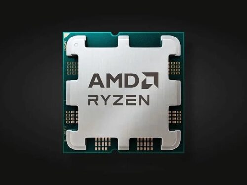 Процессор AMD Ryzen на черном фоне, вид спереди.
