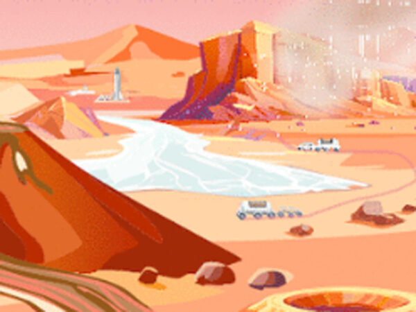 Фантастический марсианский пейзаж с горами и дорогой на переднем плане.