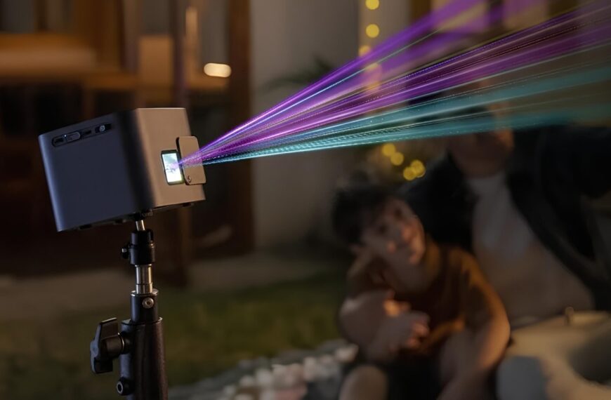 Проектор с цветными лучами в ночном саду, на фоне размытые фигуры людей.