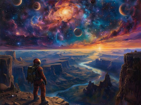 Космонавт на краю каньона под звездным небом и планетами во вселенной.
