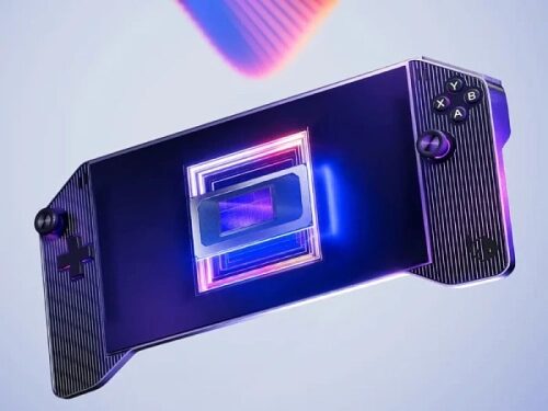 Современная игровая приставка с подсветкой и стилем ретро в фиолетовых тонах.