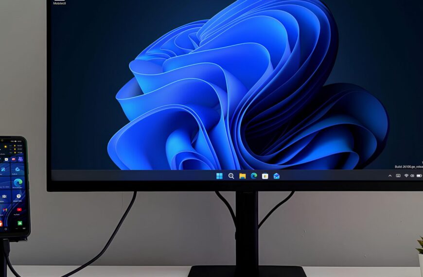 Смартфон и монитор с Windows 11 на белом столе.