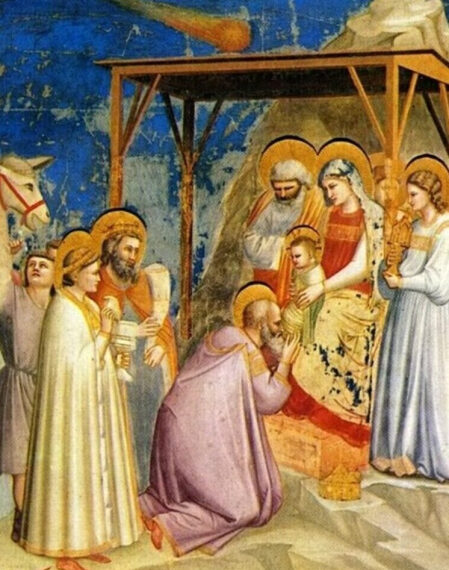 Рождество Христово, поклонение волхвов, фреска со сценой в вертепе, звезда на небе.