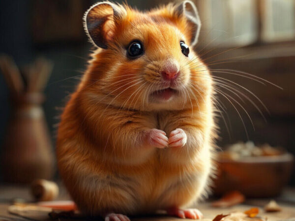 Золотистый хомяк с большими глазами на деревянном фоне, свет падает из окна.