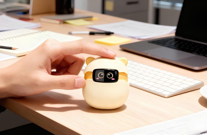 Рука держит милую игрушку-робота на офисном столе с ноутбуком и чашкой кофе.