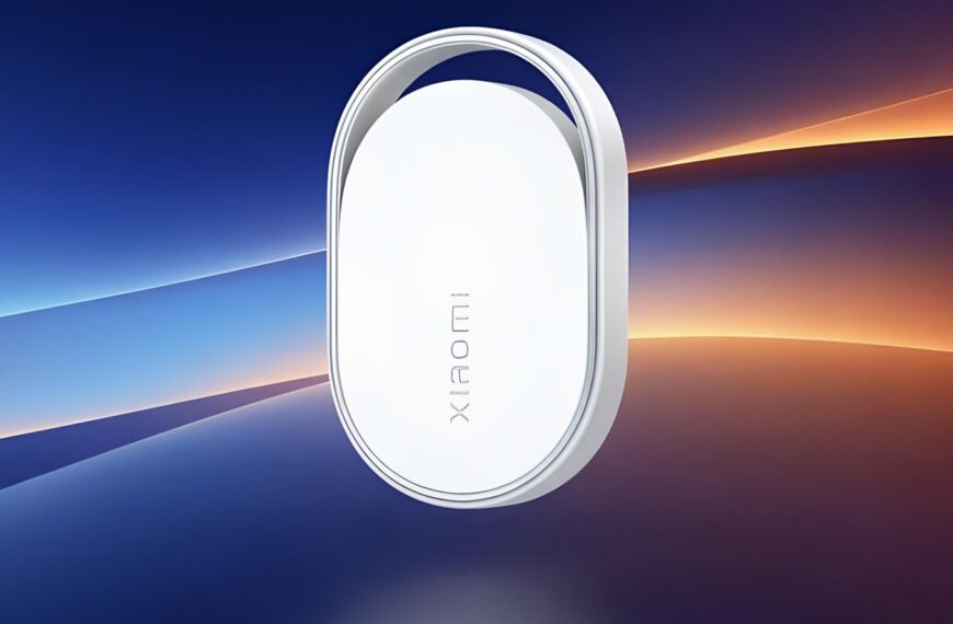 Современный белый гаджет на фоне градиентных полос.