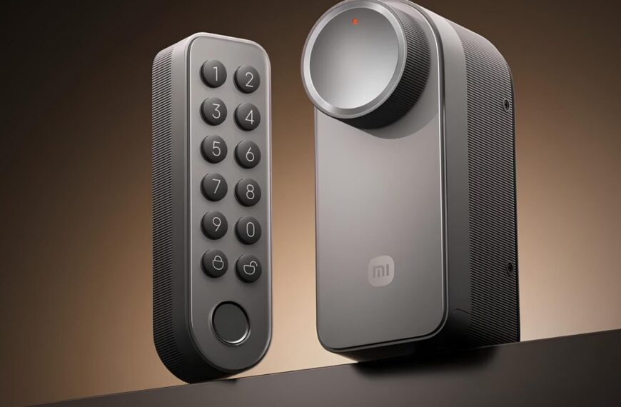 Умный дверной замок Xiaomi с кодовой панелью на фоне в коричневых тонах.