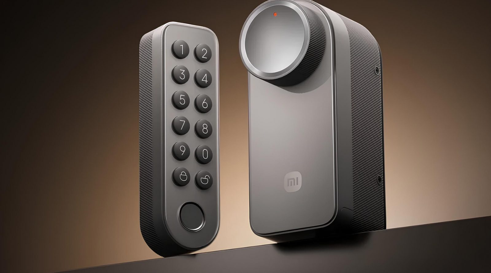 Умный дверной замок Xiaomi с кодовой панелью на фоне в коричневых тонах.
