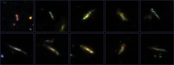 «Прекрасная неразбериха» первого миллиарда лет предстает во всей красе. 8 Множество изображений тонких, длинных галактик.