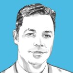 Чёрно-белый рисунок мужчины на синем фоне, блестящие волосы уложены назад.