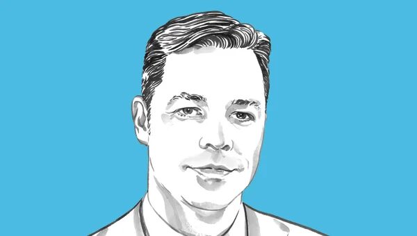 Чёрно-белый рисунок мужчины на синем фоне, блестящие волосы уложены назад.