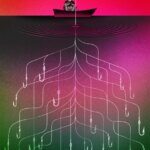 Рыбак в лодке над водой с множеством крючков.