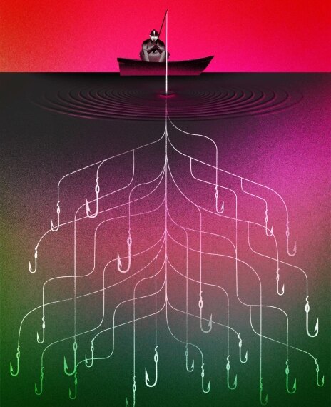 Рыбак в лодке над водой с множеством крючков.