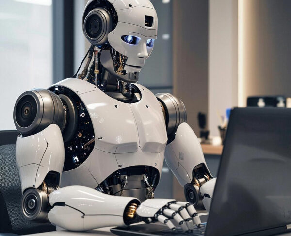 Робот за ноутбуком, рабочее место в офисе, искусственный интеллект в действии.