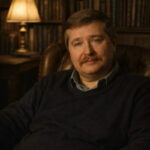 Человек в кресле в библиотеке с лампой на фоне.