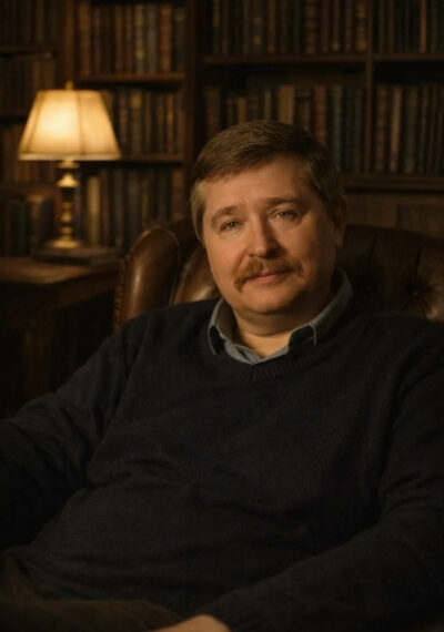 Человек в кресле в библиотеке с лампой на фоне.