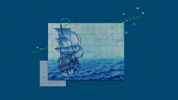 Парусник в море на фоне звезд и линий, схематичное изображение навигации.