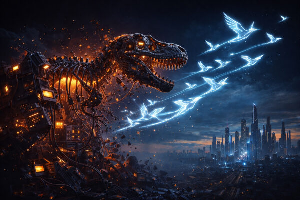 Робот-динозавр и светящиеся птицы на фоне футуристического города ночью.