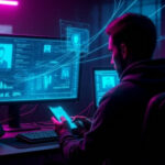 Пользователь за компьютером в киберпанк-офисе с неоновым освещением, анализ данных.