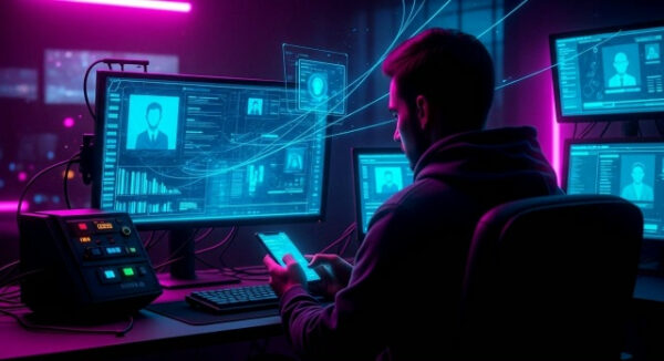 Пользователь за компьютером в киберпанк-офисе с неоновым освещением, анализ данных.