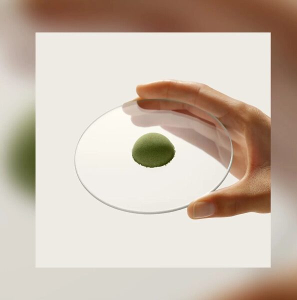 Рука держит стеклянную пластину с зеленым порошком на бежевом фоне.